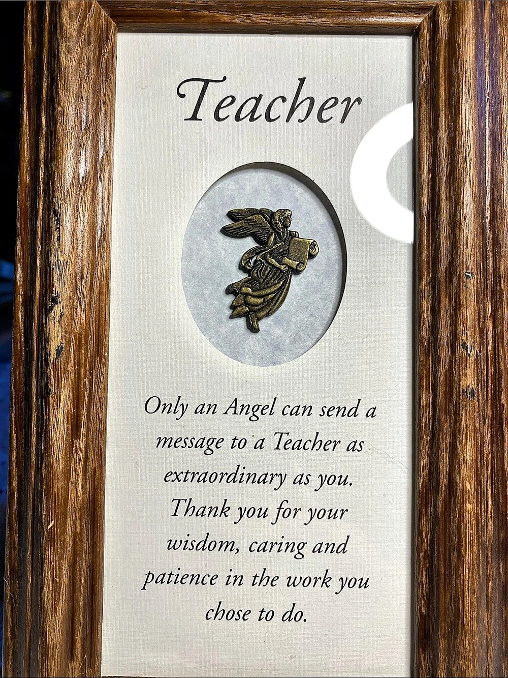 Teacher Angel Wood Framed Poem Plaque Bronze=Tone Angel Pin 9X5